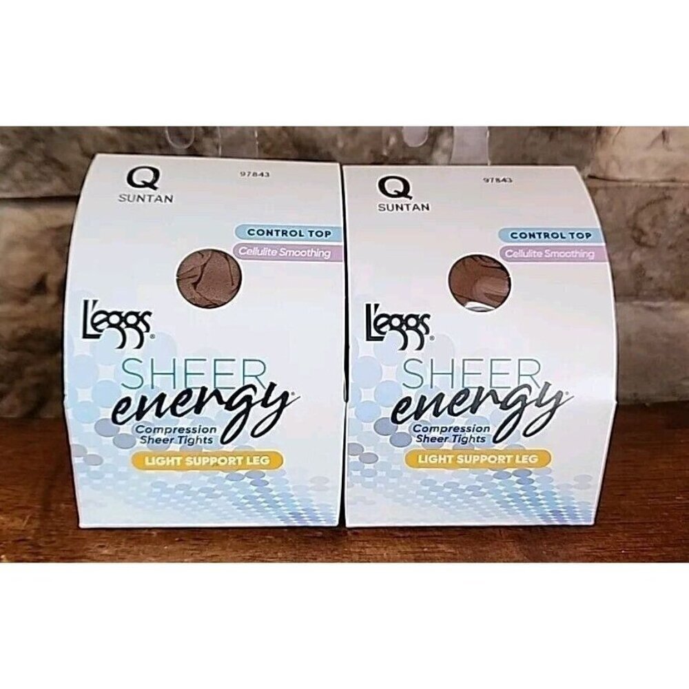 L'eggs Sheer Energy Pantyhose Compression Light Support Suntan Q Size 2 Pack